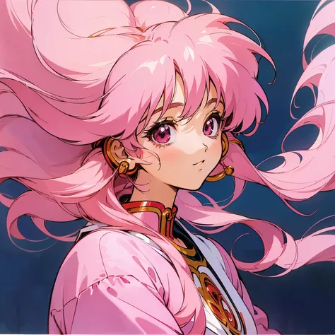 A beautiful girl in pink clothes sits in a pink car full of flowers，(Old anime, Retro Anime, 90s anime style, Naoko Takeuchi style, masterpiece、Top quality、Top quality、Official Art、Beautiful and generous:1.2)，Vibrant colors，Pink long hair，Wearing headphone...