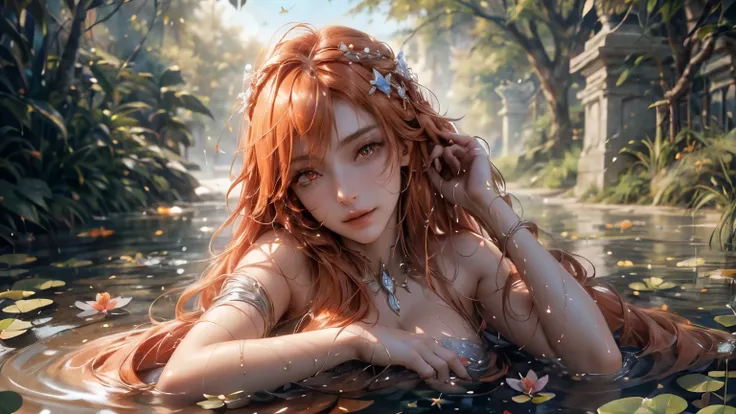 landscape of an woman, landscape of a very beautiful woman,(((cowboy shot))), asuna (Sword Art Online), anime style, (((lie sideaways)))!!, (lie sideaways on the shallow water at by the pond), looks at the camera with beautiful Orange eyes, (Beautiful oran...