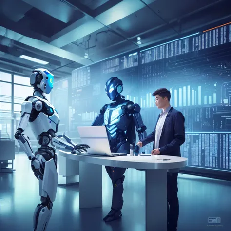 There was a man standing in front of a table，There is a robot on the table, Endless collaboration with artificial intelligence, With ai theme, Robot work, strong Artificial intelligence, Robots in the data center, In the data center, Artificial intelligenc...