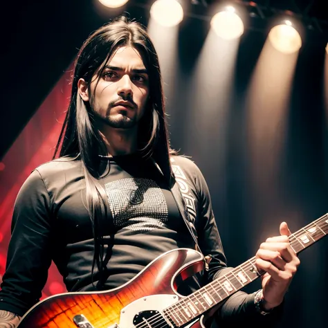 absurdrez, ultra detali, high qualiy, work of art, face detailed, gorgeous eyes(detailedeyes), guitarist, rock god, metalhead, the king of Rock, strong and impressive, characteristics are tall and straight hair, with wide back, a face of perfect proportion...