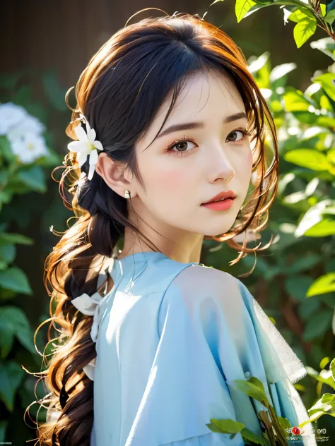 (fidelity: 1.4), best quality, work, ultra high resolution, poster, fantasy art, very detailed face, 8K resolution, sundanese style, female, side, serene, sky blue hanfu, Tulle Coat, long black hair, light blue fringed headdress, hairpin, white ribbon, whi...