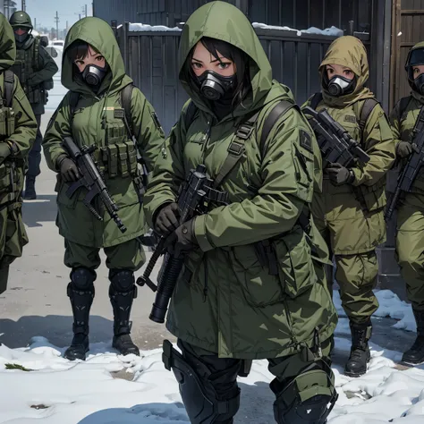 A group of female soldiers standing guard、Wearing dark green M-51 hooded military uniform、Hooded on head、Gas Mask、Gloves、Knee pads、Write details、masterpiece、best quality、Highly detailed CG、8K picture quality