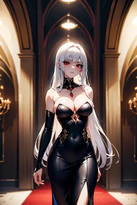 She is standing in the main hall of the palace, radiating an aura of absolute power and seduction. Seus cabelos negros como a noite caem em cascata sobre seus ombros, contrasting with her pale, flawless skin. His blood red eyes shine brightly, reflecting h...