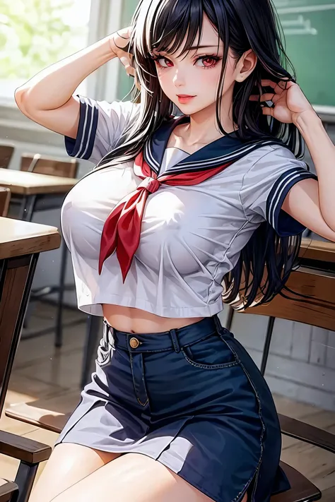 woman, sexy woman, mature female, mommy, black hair, red eyes, detailed eyes, detailed lips, big breasts, short sleeves sailor uniform, sit with crossed legs, classroom, evil smiling, seductive lips, adjusting hair, skirt, hunter eyes, look from below, lic...