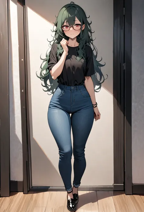 masterpiece, best quality, 1 female, solo, 35 year old female,full body,standing ,casual outfit, jeans,flat chest,Long Hair, Dark Green Hair,messy hair,glasses, red eyes,Shy , wide hips,tall,butt is facing towards me.