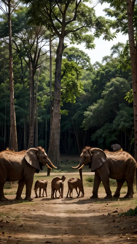 Inside the forest all the elephants, giraffes, giraffes, gorillas and all the popshoe birds are together, and a monkey is standing in front of them smiling and trying to explain something.
