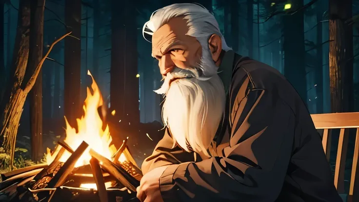 (Better image quality) an old man with a white beard and a campfire in a forest with fireflies.