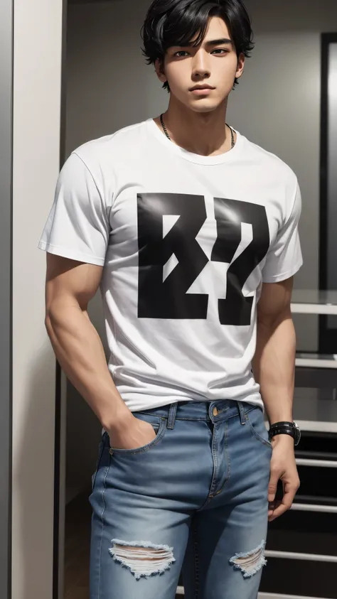 21-year-old man , middle black hair, muscular, white t-shirt, jeans 