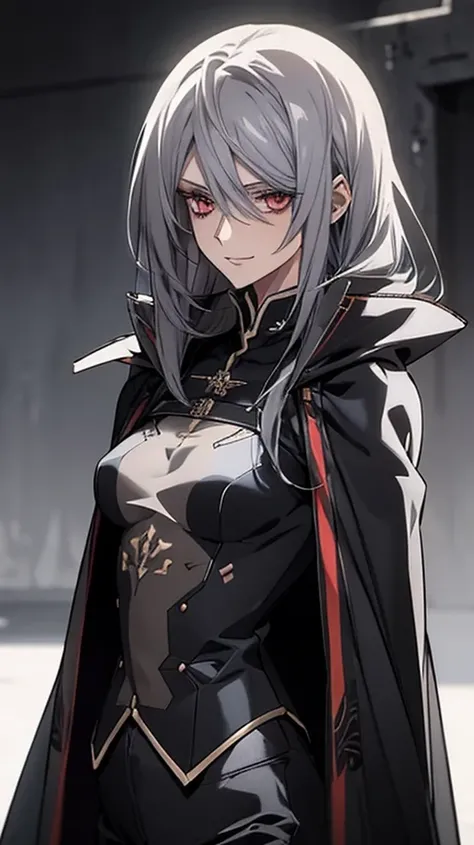 (Confused, High resolution, Very detailed), 1 female, Silver Hair,Long Hair,Crimson Eyes,Blue and black military uniform,24th generation,beauty,mature,thin,quiet,Calm,A small smile,Long Cape,Slender and thin,,skinny pants,grassland,cliff,Small breasts,