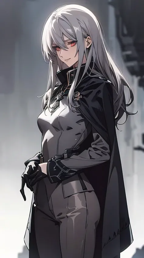 (Confused, High resolution, Very detailed), 1 female, Silver Hair,Long Hair,Crimson Eyes,Blue and black military uniform,24th generation,beauty,mature,thin,quiet,Calm,A small smile,Long Cape,Slender and thin,,skinny pants,grassland,cliff,Small breasts,