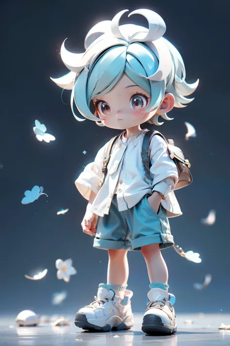 White short-haired boy, white short-sleeved shirt, blue shorts, white sneakers