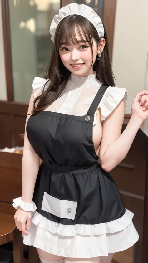 Brown Hair、Blunt bangs、((Large Breasts:1.3))、Heavy eye makeup、Black maid outfit、mini skirt、((Frill headband、White ruffled apron))、Ruffled knee-high socks、((Cafe Background))、Cute Smile