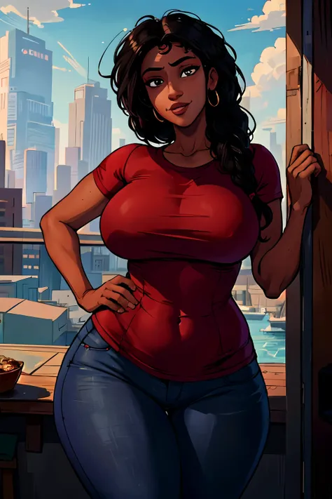 riomorales, (curvy), red shirt, jeans, milf, masterpiece, best quality, extreme detail, 8k, image sharpness