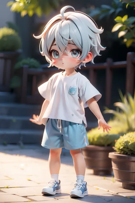 white short hair boy white short-sleeved blue shorts white sneakers