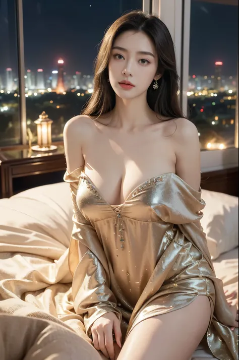 ((best quality)), ((ultra detailed)), ((masterpiece)), illustration,((a beautiful girl,solo)),((slim,thin)),((gigantic breasts,towering chest)),((glamorous nightgown)),((sitting on bed)),((in luxurious hotel bedroom)), ((Canton Tower outside window)), ((su...