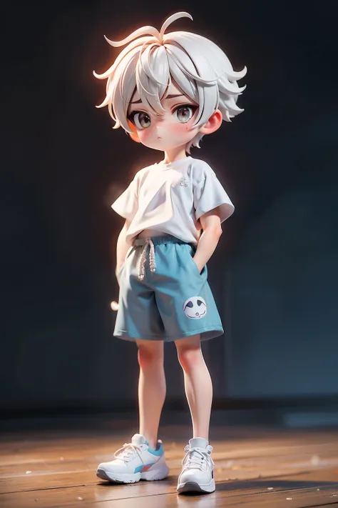 white short hair boy white short-sleeved blue shorts white sneakers