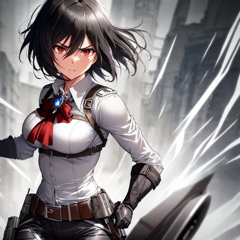 Illustration, Mikasa Ackerman, Attack on Titan, anime girl, short black hair (choppy, layered, and framing her face), stoic expression (with a hint of intensity), 3D maneuver gear (detailed, intricate, and worn), fitted white shirt (with a high collar, and...