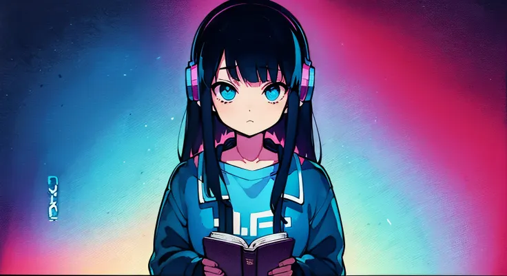 (zero), girl studying in her room, reading a book, wear headphones, , night lights, neon landscape on a rainy day,analog color t...