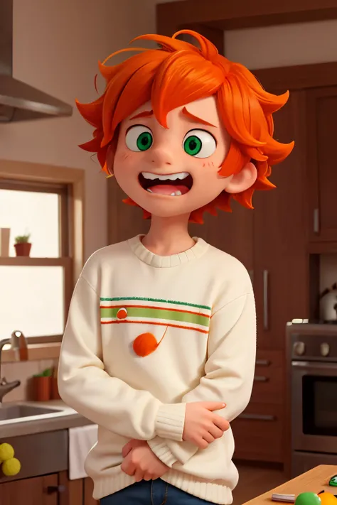 The character has messy orange hair, green eyes and must be wearing a white and orange striped sweater, the hair must be messy and curly, the character is a boy, he is scared and in a fearful position, on his face there must be a big mouth scared