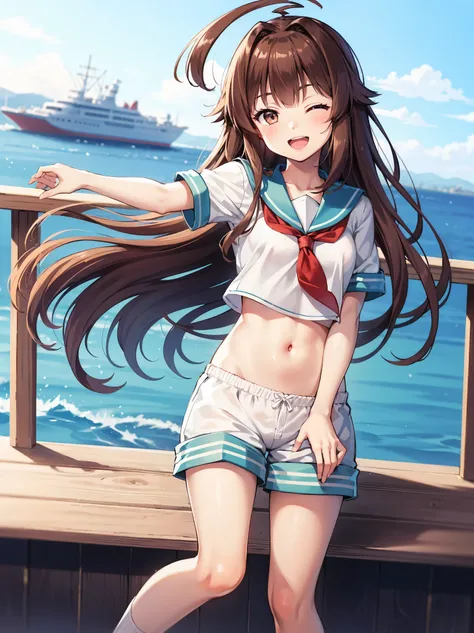 1young_teen_ girl,  brown_hair, long_hair, sailor_uniform,white_ baggy_shorts, short_sleeve, thighs, small_breasts, big_smile, open_mouth, standing, harbor_background, slightly_spread_legs, happiness, covered_crotch,ahoge,XD,exciting,