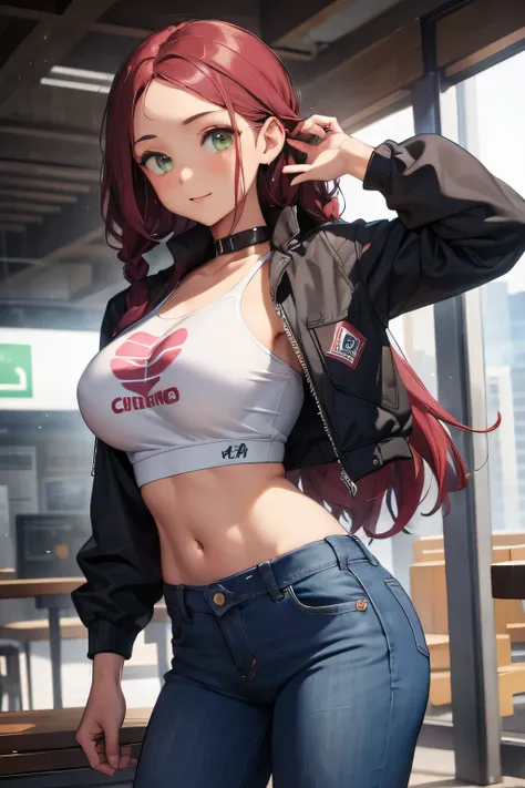 1girl, single girl, burgundy hair, dirty hair, dreadlocked hair, dark skin, tanned skin, green eyes, big breasts, wide hips, tight jeans, flirty pink crop top, at a university