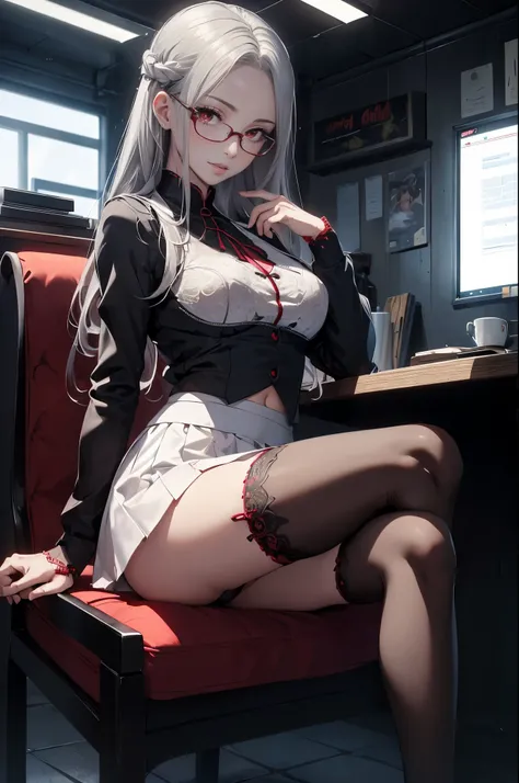 ((1girl, solo)), Irisviel von Einzbern, beautiful body, (perfect anatomy, perfect body, perfect hands, perfect legs), natural proportions, sexy body, large breasts, sitting, crossed legs BREAK 

((extremely detailed face)), (red eyes:1.5), glasses, (beauti...