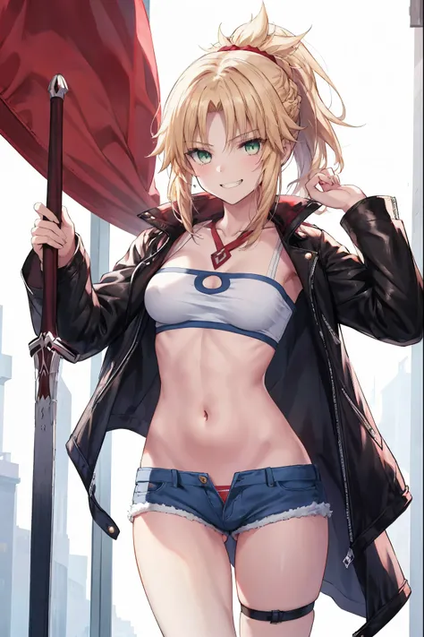 Masterpiece, Best Quality, illustration, city street, 1girl, Mordred (fate), cowboy shot, collarbone, Detailed blond hair ponytail braid, green eyes, Red leather jacket, White short blouse, denim shorts,navel,thigh-high,grin, covered_pussy,skiny,long_sword...