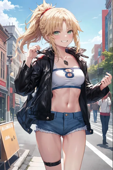 Masterpiece, Best Quality, illustration, city street, 1girl, Mordred (fate), cowboy shot, collarbone, Detailed blond hair ponytail braid, green eyes, Red leather jacket, White short blouse, denim shorts,navel,thigh-high,grin, covered_pussy,skiny,long_sword...