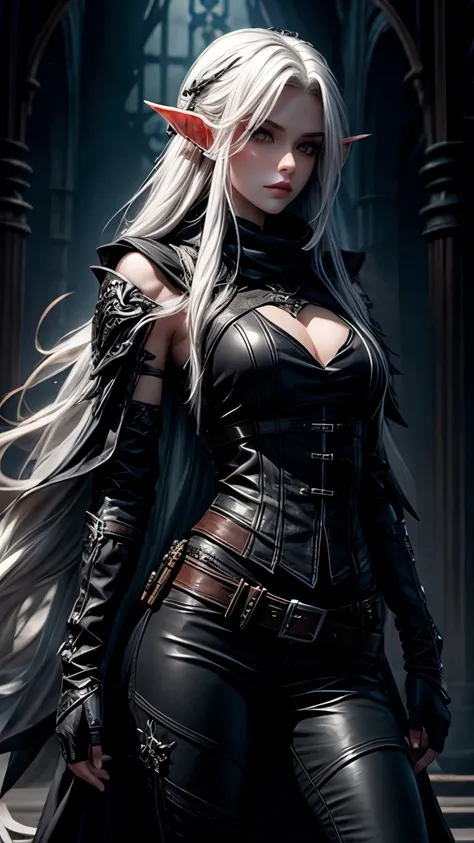 fully clothed, pale shadar-kai skin, elf, gloomy, silky white hair, long gloves, black leather armor, hair ornemant flower, standing up, rogue, sleeveless. Leather pants, Goth girl.