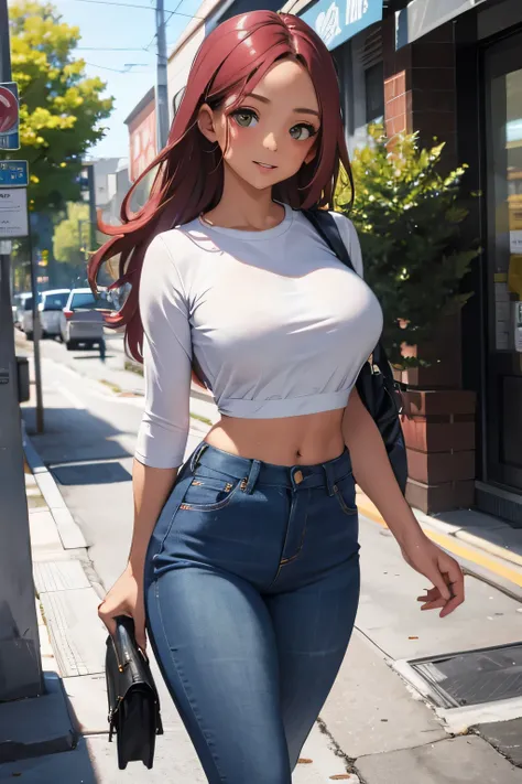 1girl, single girl, burgundy hair, dirty hair, dark skin, tanned skin, green eyes, big breasts, wide hips, tight jeans, flirty pink crop top, at a university