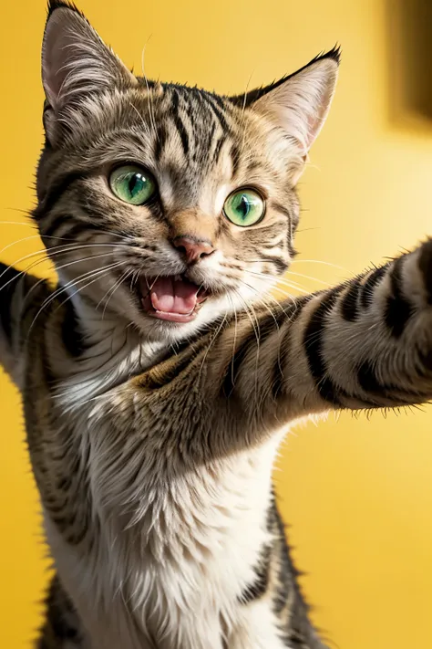 ((best quality)), ((artwork)), (detailed), 1 cat, yellow background, laughing loudly, green eyes, taking a selfie, with arm outstretched