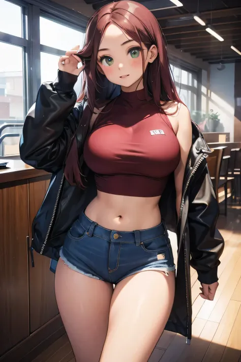 1girl, single girl, burgundy hair, dirty hair, dark skin, tanned skin, green eyes, big breasts, wide hips, tight jeans, flirty pink crop top, at a university