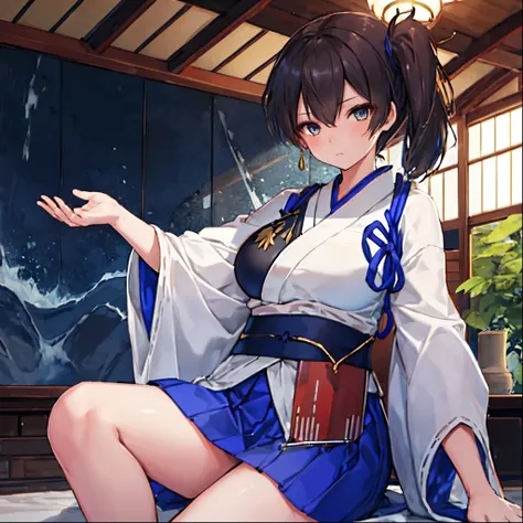 Kaga(Fleet Collection),highest quality, masterpiece, High resolution,kimono,blue skirt,side ponytail,big_breasts,