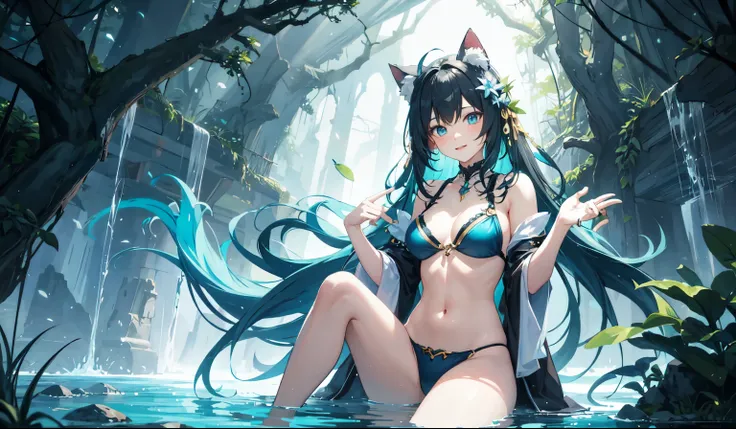 Create a high-quality anime image of a beautiful female character with cat ears in a fantasy setting. She has long, flowing hair styled in a playful way, with cat ears adorning her head. Her eyes are luminous and full of life, reflecting the enchanting sur...