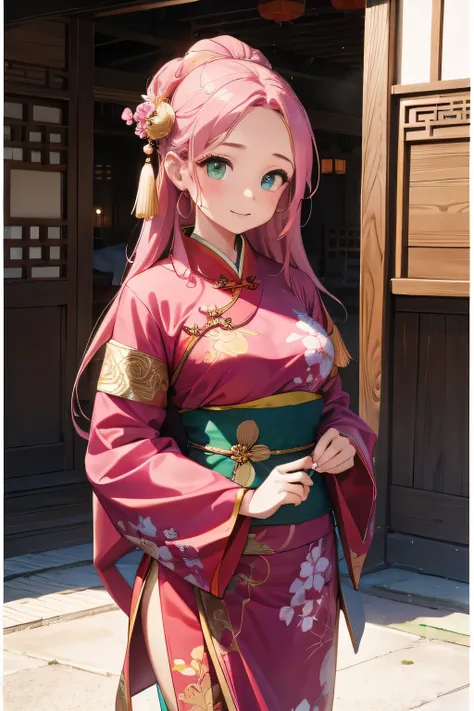 1 girl, single girl, pink hair, green eyes, big chest, wears a pink hanfu with gold print and transparent fabrics, beautiful traditional Chinese dress