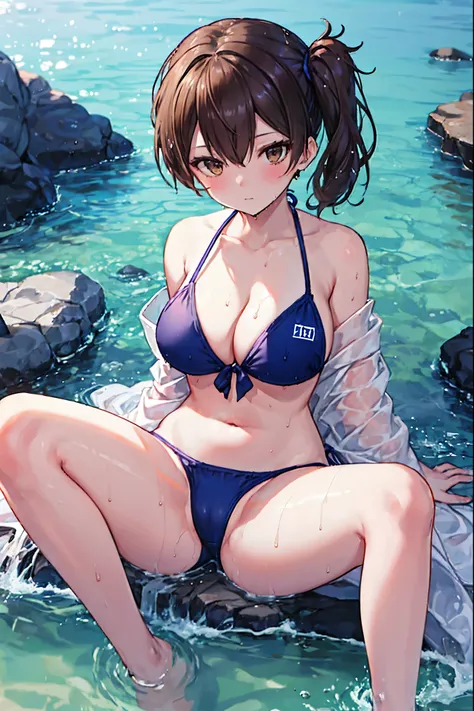 Beautiful illustration、top-quality、Kaga_kantaicollection
brown_hair, Side_Ponytail, brown_Eyes, Short_hair, gigantic_tits, long_hair、Blue Bikini、is sitting、The background is the coast,crotch,groin,apart_legs,wet,oil.(plump:0.7)