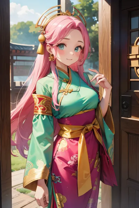 1 girl, single girl, pink hair with Chinese gold headdresses, green eyes, big chest, wears a pink hanfu with gold print and transparent fabrics, beautiful traditional Chinese dress