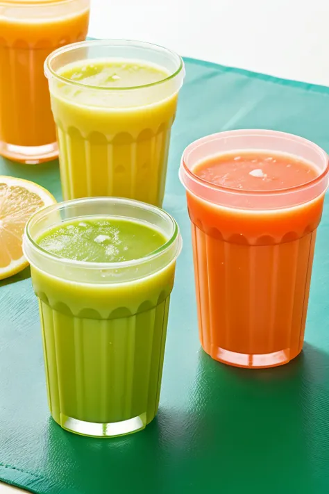 I want an image of juices from plastic cups with lids 

 