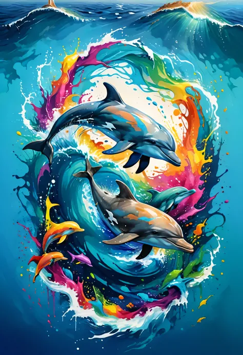 A t-shirt with a colorful illustration of dolphins in the middle of the sea, At the center, swirly vibrant colors, paint splashes and smears, ultra details, 32K Quality,Remove background (work of art, best qualityer, proffesional, perfect composition, very...