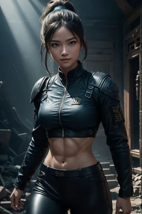 8K,younger sister,so beautiful(Like the real thing),Toned, muscular body,sexy,clear narrow eyes,black eye,Cool smile,Blue combat jacket,Black Shirt,Black combat pants,short,Compensate,Ultra-Realistic Skin,compensate,masterpiece,Photorealistic RAW photos of...