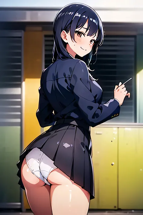 (masterpiece, best quality, ultra-detailed), 1girl, AnnaYamada, blue hair, brown eyes, looking at viewer, standing, sexy pose, blush, skirt, panties, from behind, (bellow view), outdoors