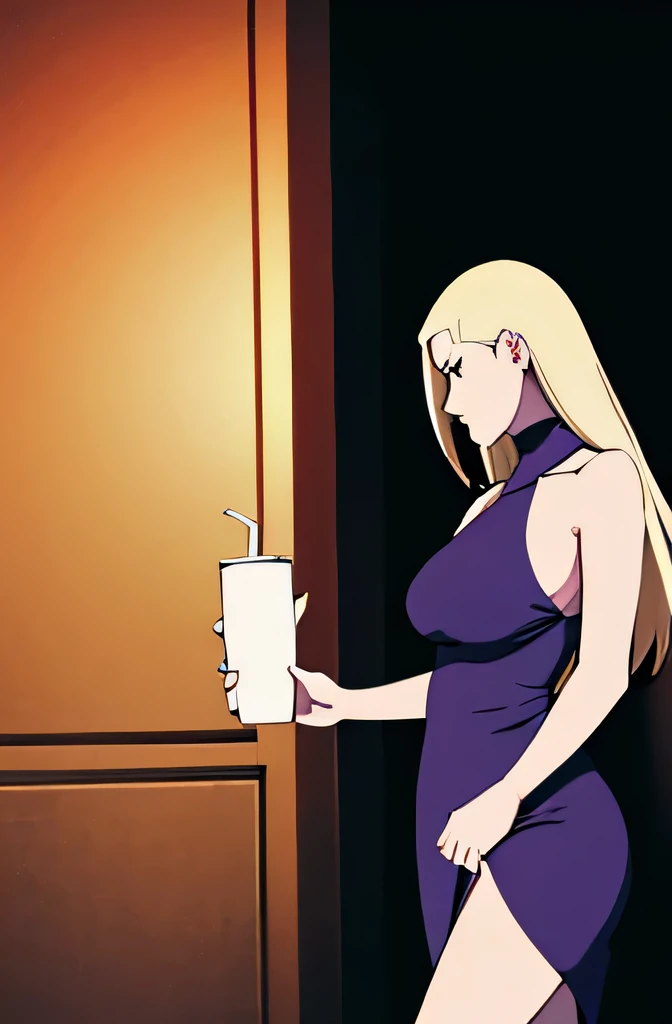 a young woman with medium breasts, defined legs, wearing a pale blue dress with a plunging neckline, holding a cup in her hand, long blonde hair embracing a , photorealistic, 8k, highly detailed, cinematic lighting, warm color tone, smooth shading, masterp...