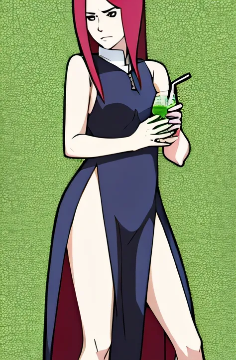 Madura Kushina Uzumaki ((whole body)), wearing a dress with a pale blue neckline, with a drink in hand, small breasts, thin legs, Red hair, hugging a .