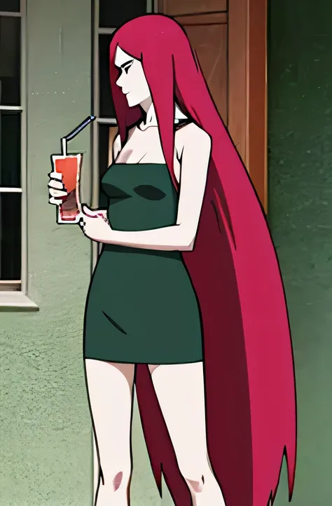 Madura Kushina Uzumaki ((whole body)), wearing a dress with a pale blue neckline, with a drink in hand, small breasts, thin legs, Red hair, hugging a .