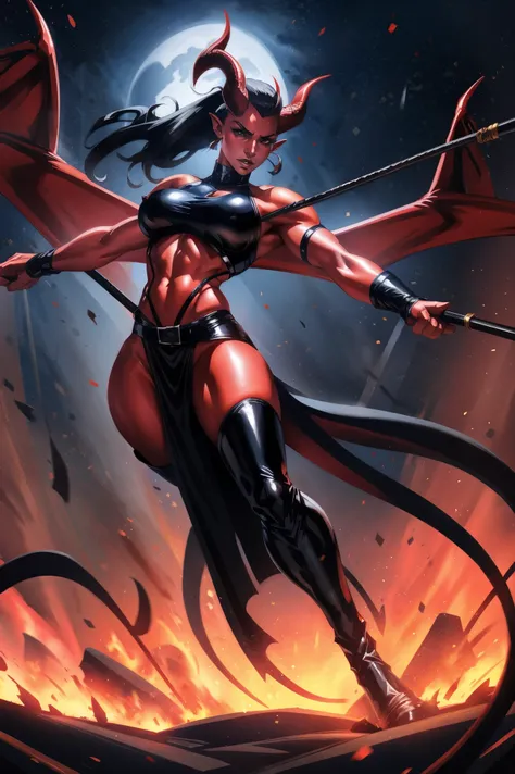 Red skin succubus tiefling, digitigrade legs, full breasts, medium breasts, black horns, wings, huge tail, black leather, crop top, long flowing pelvic curtain, tall, toned, graceful, thin, long black ponytail. Action scene, whip. Dark scene, explosions, n...