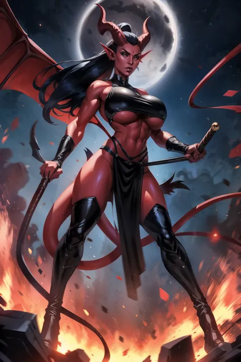 Red skin succubus tiefling, digitigrade legs, full breasts, medium breasts, black horns, wings, huge tail, black leather, crop top, long flowing pelvic curtain, tall, toned, graceful, thin, long black ponytail. Action scene, whip. Dark scene, explosions, n...