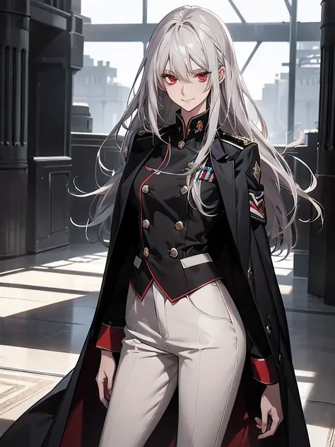(Confused, High resolution, Very detailed), 1 female, Silver Hair,Long Hair,Bright red eyes,White and black military uniform,24th generation,beauty,mature,thin,quiet,Calm,A small smile,A kind smile,In front of the person I like,Long coat,Slender and thin,b...