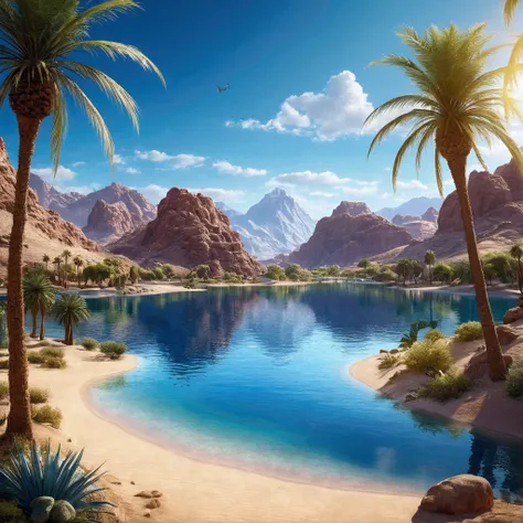 Masterpiece, Best quality, High quality, Extremely detailed Cg Unity 8K wallpaper, Charming and dreamy desert oasis scene, beautiful big blue lake as the focal point, glimmering water surface,with palm trees, The hidden fairytale valley creates a sense of ...