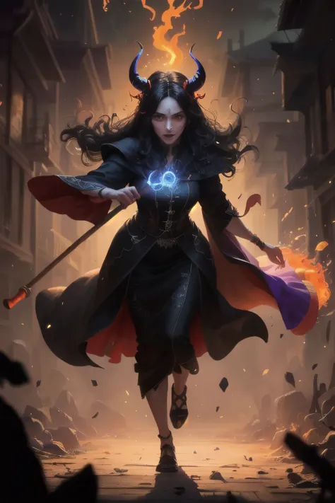 ((best quality)), ((masterpiece)), (detailed), An illustration of a long black haired evil elderly witch with red horns and a black long gown with coat running furiously in an Indian town with a glowing wooden stick in her hand and creating a spell with sw...