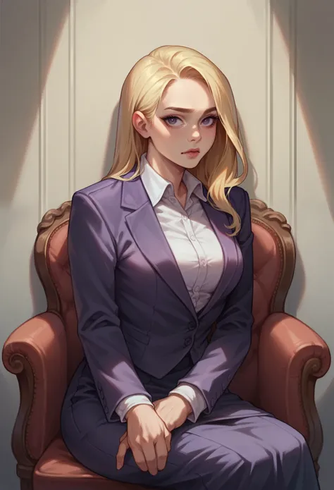 blonde girl, oval face type  , sitting on a chair , in a purple business suit , against the wall , Realism , high quality 